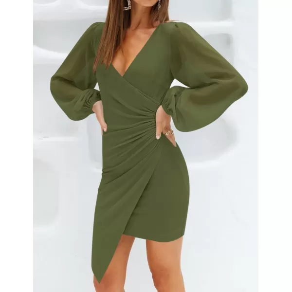 imageZESICA Womens Wrap V Neck Bodycon Mini Dress Puff Long Sleeve Ruched Asymmetrical Hem Cocktail Party Short DressesArmygreen