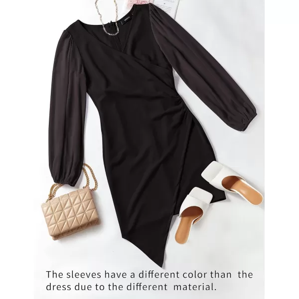 imageZESICA Womens Wrap V Neck Bodycon Mini Dress Puff Long Sleeve Ruched Asymmetrical Hem Cocktail Party Short DressesBlack