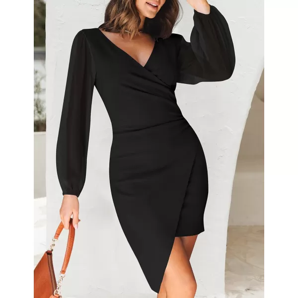 imageZESICA Womens Wrap V Neck Bodycon Mini Dress Puff Long Sleeve Ruched Asymmetrical Hem Cocktail Party Short DressesBlack
