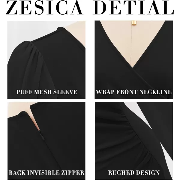 imageZESICA Womens Wrap V Neck Bodycon Mini Dress Puff Long Sleeve Ruched Asymmetrical Hem Cocktail Party Short DressesBlack
