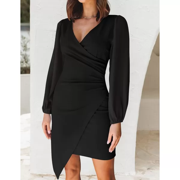 imageZESICA Womens Wrap V Neck Bodycon Mini Dress Puff Long Sleeve Ruched Asymmetrical Hem Cocktail Party Short DressesBlack