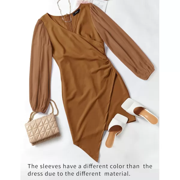 imageZESICA Womens Wrap V Neck Bodycon Mini Dress Puff Long Sleeve Ruched Asymmetrical Hem Cocktail Party Short DressesBrown