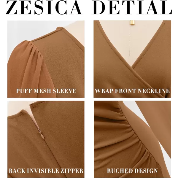 imageZESICA Womens Wrap V Neck Bodycon Mini Dress Puff Long Sleeve Ruched Asymmetrical Hem Cocktail Party Short DressesBrown