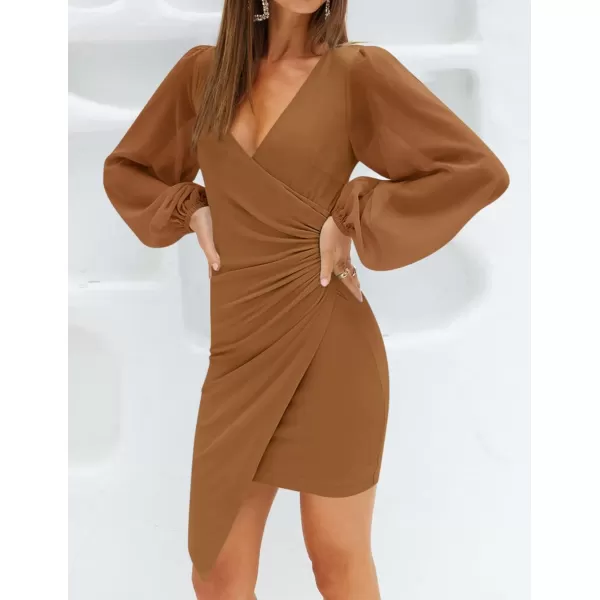 imageZESICA Womens Wrap V Neck Bodycon Mini Dress Puff Long Sleeve Ruched Asymmetrical Hem Cocktail Party Short DressesBrown