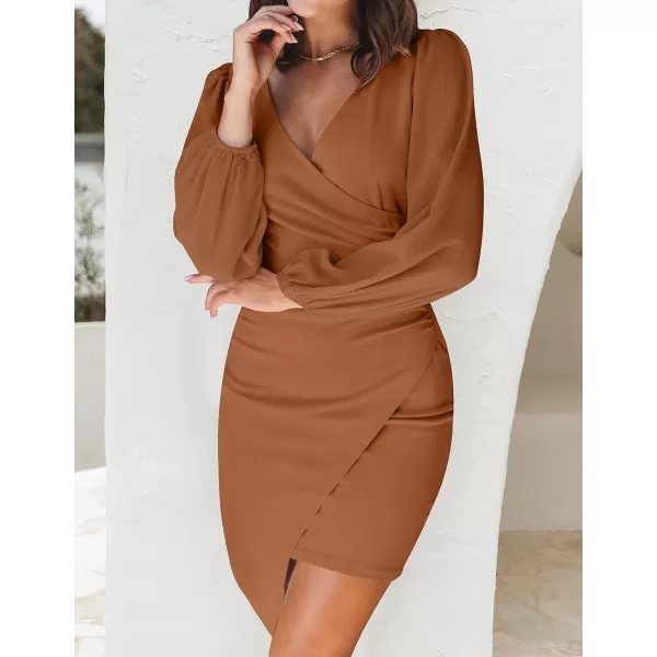 imageZESICA Womens Wrap V Neck Bodycon Mini Dress Puff Long Sleeve Ruched Asymmetrical Hem Cocktail Party Short DressesBrown