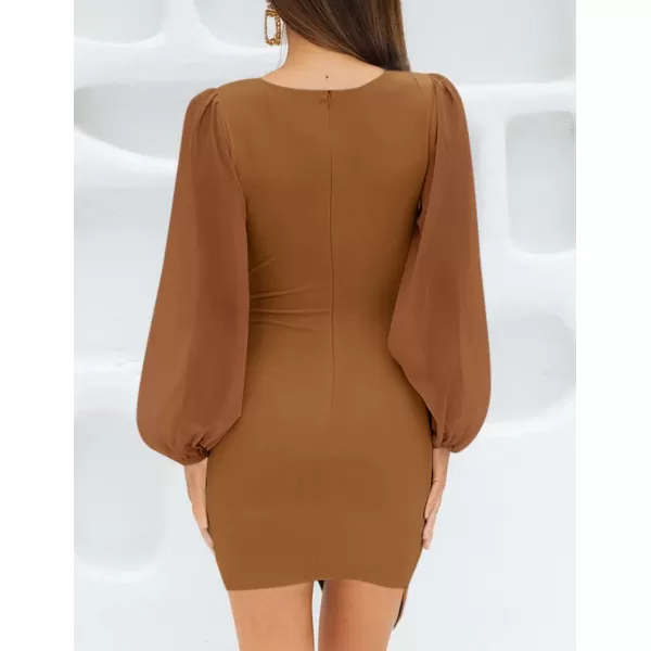 imageZESICA Womens Wrap V Neck Bodycon Mini Dress Puff Long Sleeve Ruched Asymmetrical Hem Cocktail Party Short DressesBrown