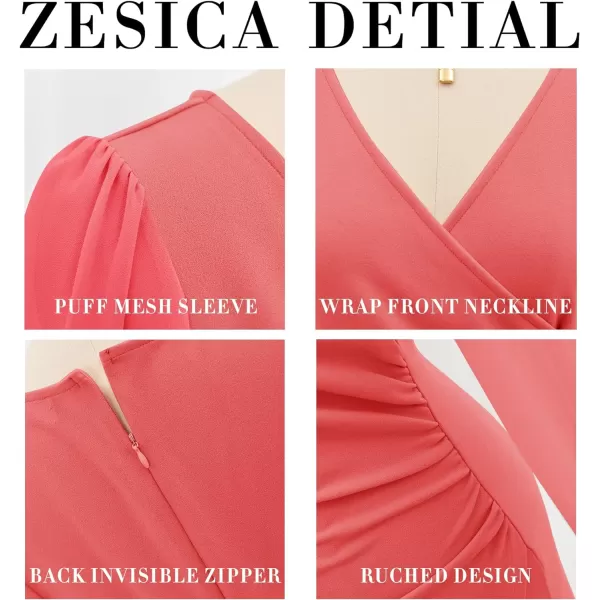 imageZESICA Womens Wrap V Neck Bodycon Mini Dress Puff Long Sleeve Ruched Asymmetrical Hem Cocktail Party Short DressesCoral