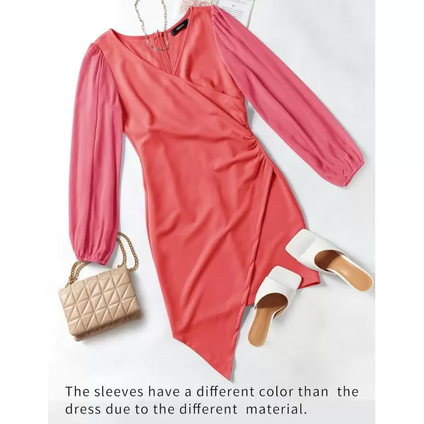 imageZESICA Womens Wrap V Neck Bodycon Mini Dress Puff Long Sleeve Ruched Asymmetrical Hem Cocktail Party Short DressesCoral
