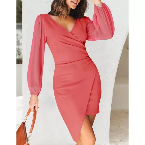 imageZESICA Womens Wrap V Neck Bodycon Mini Dress Puff Long Sleeve Ruched Asymmetrical Hem Cocktail Party Short DressesCoral