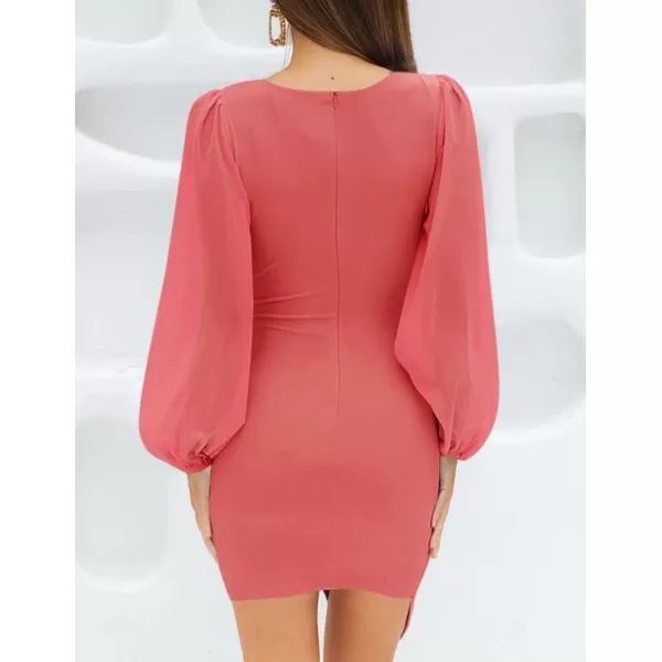 imageZESICA Womens Wrap V Neck Bodycon Mini Dress Puff Long Sleeve Ruched Asymmetrical Hem Cocktail Party Short DressesCoral