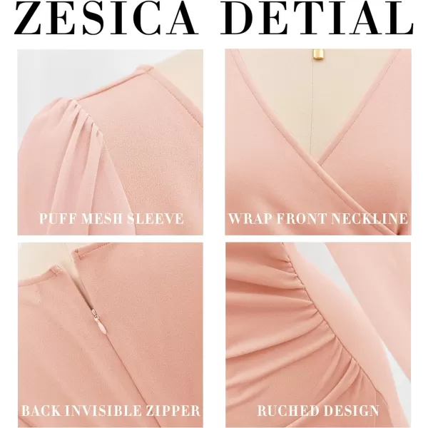 imageZESICA Womens Wrap V Neck Bodycon Mini Dress Puff Long Sleeve Ruched Asymmetrical Hem Cocktail Party Short DressesDustypink