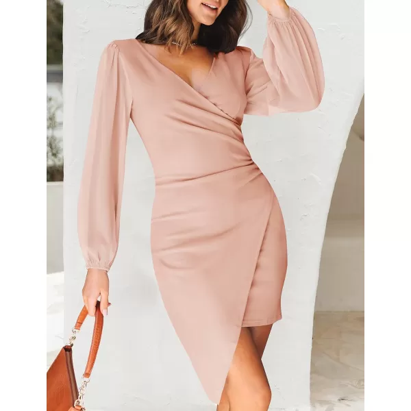 imageZESICA Womens Wrap V Neck Bodycon Mini Dress Puff Long Sleeve Ruched Asymmetrical Hem Cocktail Party Short DressesDustypink