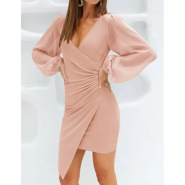 imageZESICA Womens Wrap V Neck Bodycon Mini Dress Puff Long Sleeve Ruched Asymmetrical Hem Cocktail Party Short DressesDustypink