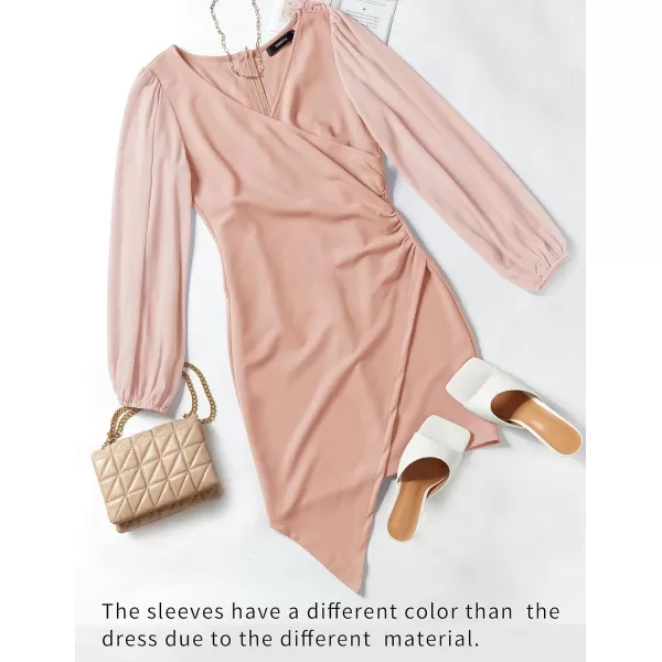 imageZESICA Womens Wrap V Neck Bodycon Mini Dress Puff Long Sleeve Ruched Asymmetrical Hem Cocktail Party Short DressesDustypink