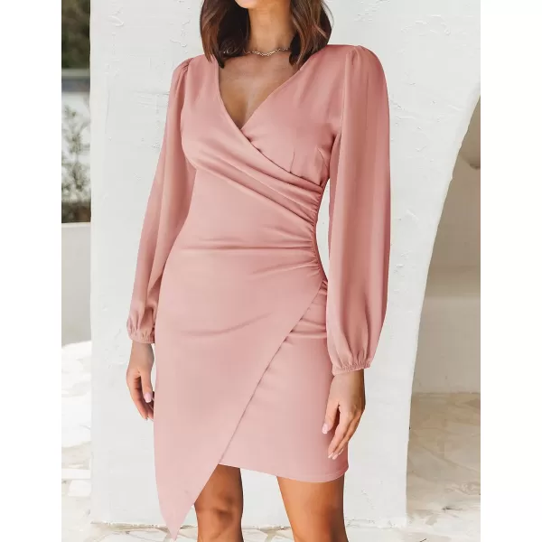 imageZESICA Womens Wrap V Neck Bodycon Mini Dress Puff Long Sleeve Ruched Asymmetrical Hem Cocktail Party Short DressesDustypink
