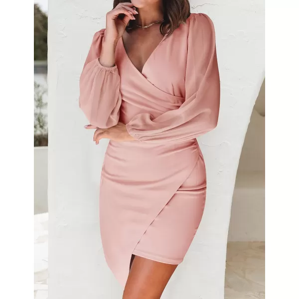 imageZESICA Womens Wrap V Neck Bodycon Mini Dress Puff Long Sleeve Ruched Asymmetrical Hem Cocktail Party Short DressesDustypink