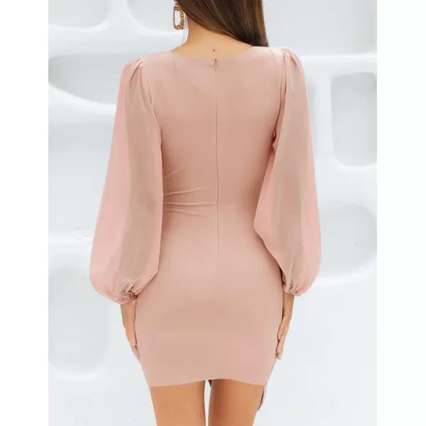 imageZESICA Womens Wrap V Neck Bodycon Mini Dress Puff Long Sleeve Ruched Asymmetrical Hem Cocktail Party Short DressesDustypink