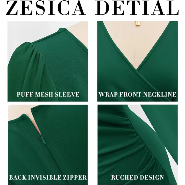 imageZESICA Womens Wrap V Neck Bodycon Mini Dress Puff Long Sleeve Ruched Asymmetrical Hem Cocktail Party Short DressesForestgreen
