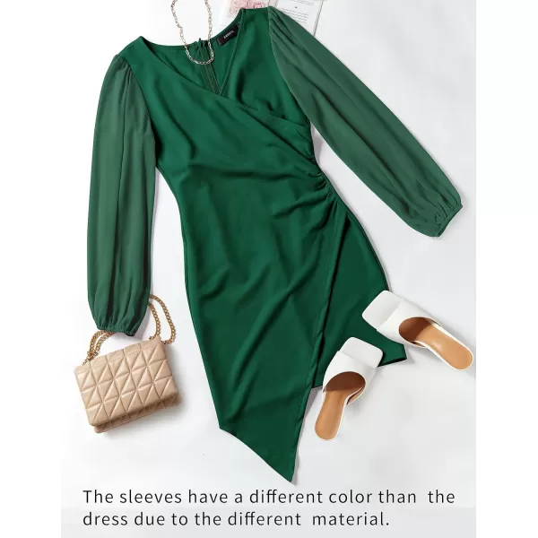 imageZESICA Womens Wrap V Neck Bodycon Mini Dress Puff Long Sleeve Ruched Asymmetrical Hem Cocktail Party Short DressesForestgreen