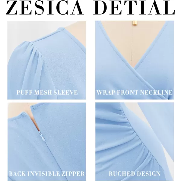 imageZESICA Womens Wrap V Neck Bodycon Mini Dress Puff Long Sleeve Ruched Asymmetrical Hem Cocktail Party Short DressesLightblue
