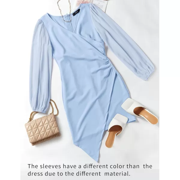 imageZESICA Womens Wrap V Neck Bodycon Mini Dress Puff Long Sleeve Ruched Asymmetrical Hem Cocktail Party Short DressesLightblue