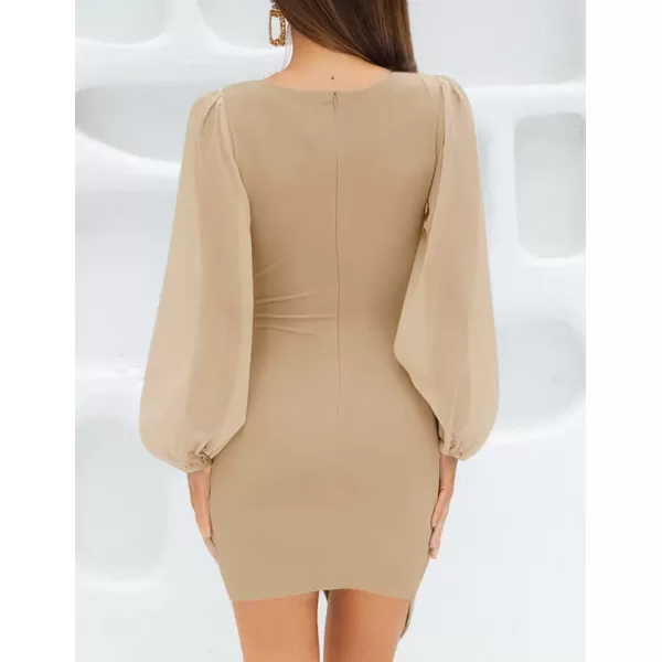 imageZESICA Womens Wrap V Neck Bodycon Mini Dress Puff Long Sleeve Ruched Asymmetrical Hem Cocktail Party Short DressesLightkhaki