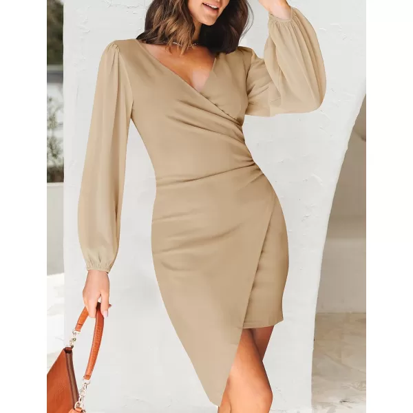 imageZESICA Womens Wrap V Neck Bodycon Mini Dress Puff Long Sleeve Ruched Asymmetrical Hem Cocktail Party Short DressesLightkhaki