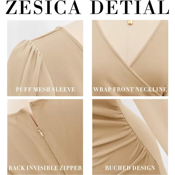imageZESICA Womens Wrap V Neck Bodycon Mini Dress Puff Long Sleeve Ruched Asymmetrical Hem Cocktail Party Short DressesLightkhaki