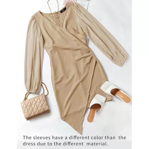 imageZESICA Womens Wrap V Neck Bodycon Mini Dress Puff Long Sleeve Ruched Asymmetrical Hem Cocktail Party Short DressesLightkhaki