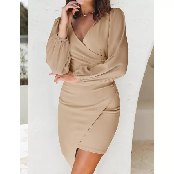 imageZESICA Womens Wrap V Neck Bodycon Mini Dress Puff Long Sleeve Ruched Asymmetrical Hem Cocktail Party Short DressesLightkhaki