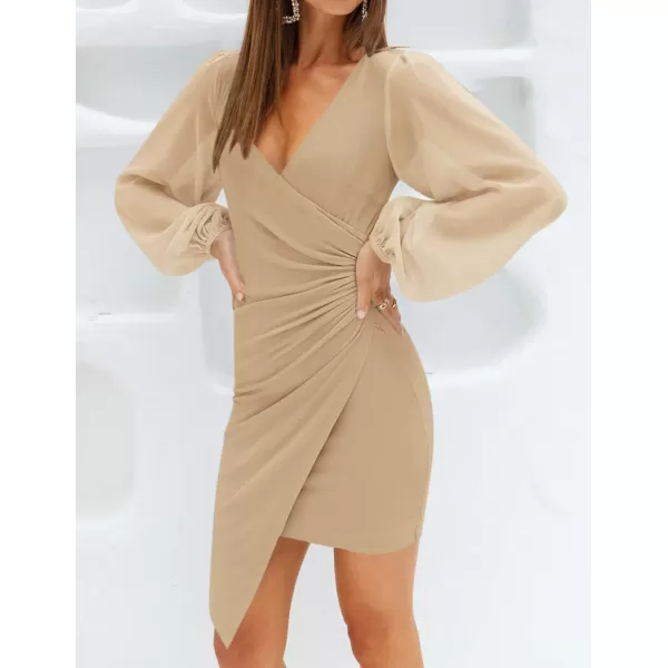 imageZESICA Womens Wrap V Neck Bodycon Mini Dress Puff Long Sleeve Ruched Asymmetrical Hem Cocktail Party Short DressesLightkhaki