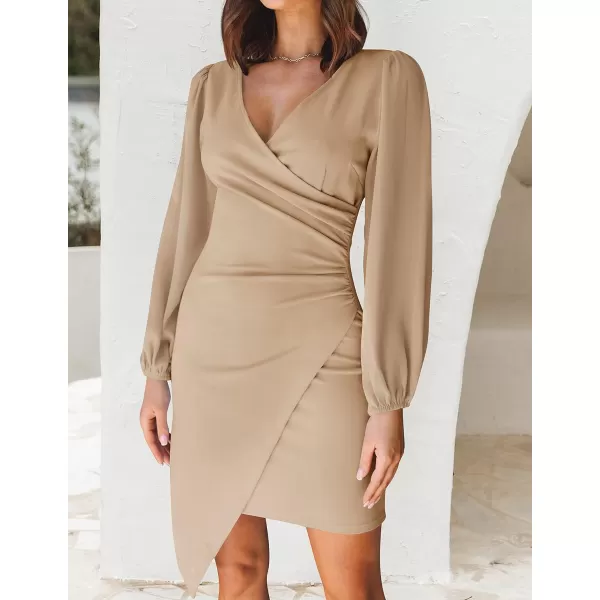 imageZESICA Womens Wrap V Neck Bodycon Mini Dress Puff Long Sleeve Ruched Asymmetrical Hem Cocktail Party Short DressesLightkhaki