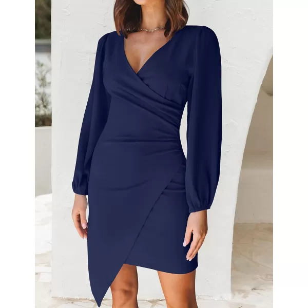 imageZESICA Womens Wrap V Neck Bodycon Mini Dress Puff Long Sleeve Ruched Asymmetrical Hem Cocktail Party Short DressesNavy