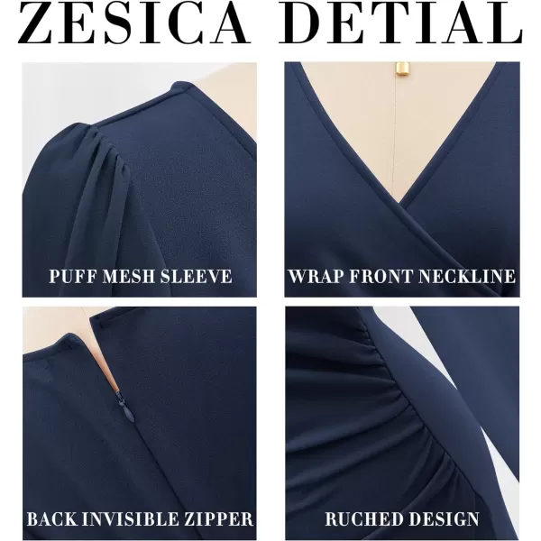 imageZESICA Womens Wrap V Neck Bodycon Mini Dress Puff Long Sleeve Ruched Asymmetrical Hem Cocktail Party Short DressesNavy