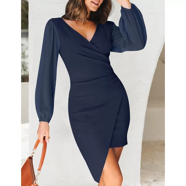 imageZESICA Womens Wrap V Neck Bodycon Mini Dress Puff Long Sleeve Ruched Asymmetrical Hem Cocktail Party Short DressesNavy