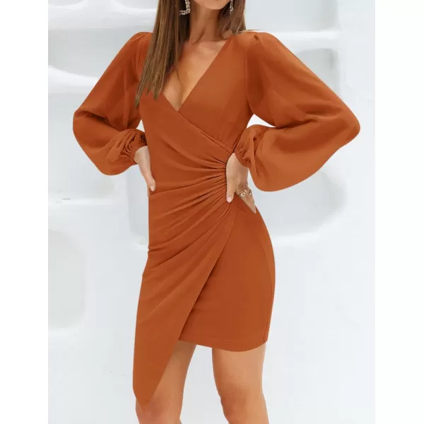 imageZESICA Womens Wrap V Neck Bodycon Mini Dress Puff Long Sleeve Ruched Asymmetrical Hem Cocktail Party Short DressesOrangerust