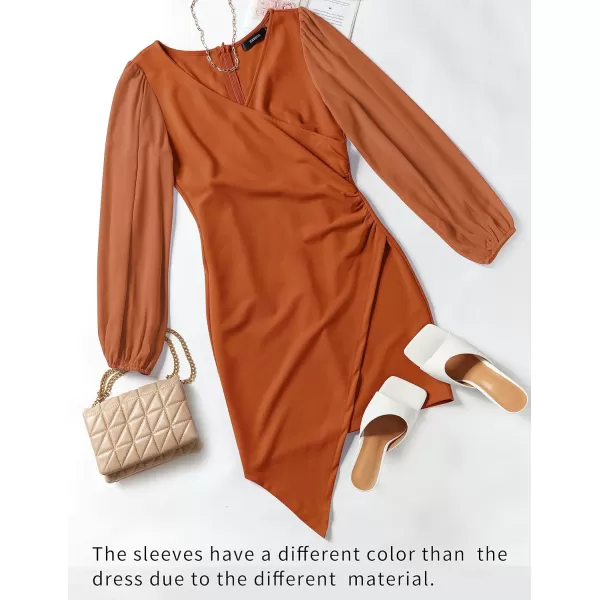 imageZESICA Womens Wrap V Neck Bodycon Mini Dress Puff Long Sleeve Ruched Asymmetrical Hem Cocktail Party Short DressesOrangerust