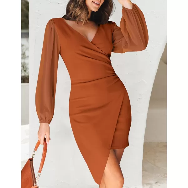 imageZESICA Womens Wrap V Neck Bodycon Mini Dress Puff Long Sleeve Ruched Asymmetrical Hem Cocktail Party Short DressesOrangerust