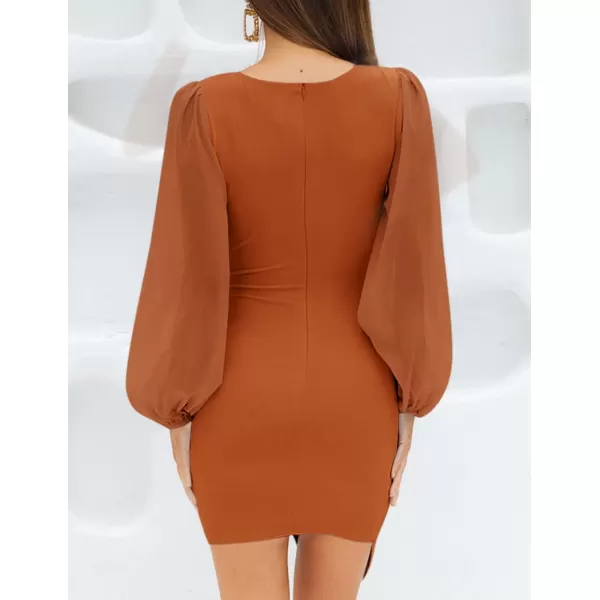 imageZESICA Womens Wrap V Neck Bodycon Mini Dress Puff Long Sleeve Ruched Asymmetrical Hem Cocktail Party Short DressesOrangerust