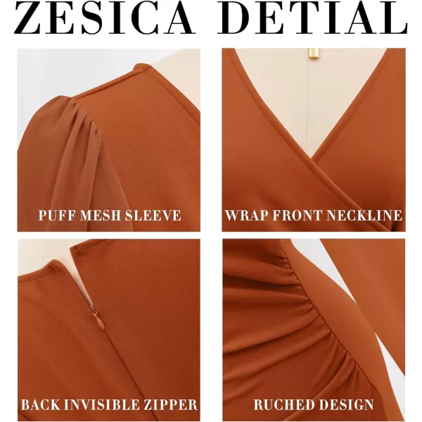 imageZESICA Womens Wrap V Neck Bodycon Mini Dress Puff Long Sleeve Ruched Asymmetrical Hem Cocktail Party Short DressesOrangerust