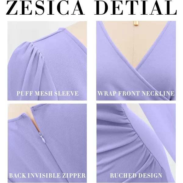imageZESICA Womens Wrap V Neck Bodycon Mini Dress Puff Long Sleeve Ruched Asymmetrical Hem Cocktail Party Short DressesPurple