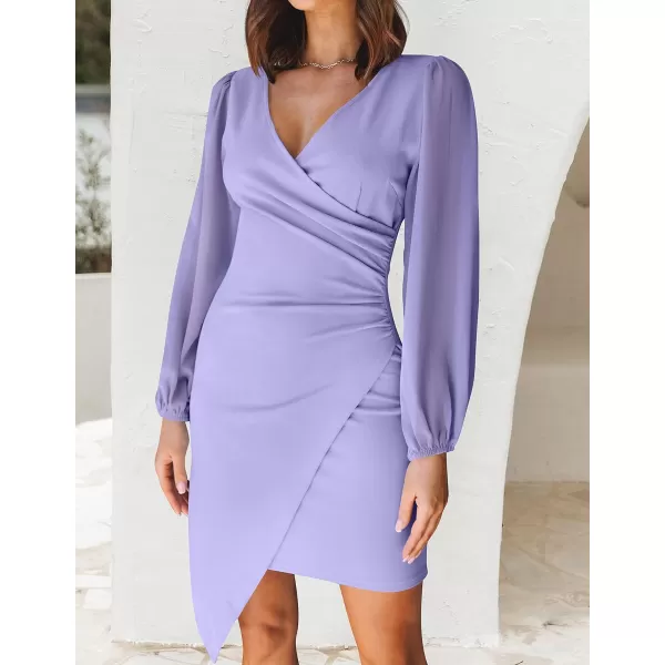 imageZESICA Womens Wrap V Neck Bodycon Mini Dress Puff Long Sleeve Ruched Asymmetrical Hem Cocktail Party Short DressesPurple