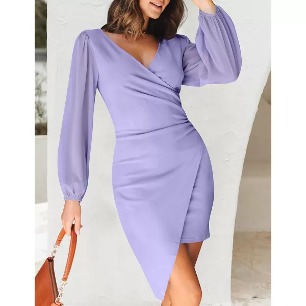 imageZESICA Womens Wrap V Neck Bodycon Mini Dress Puff Long Sleeve Ruched Asymmetrical Hem Cocktail Party Short DressesPurple