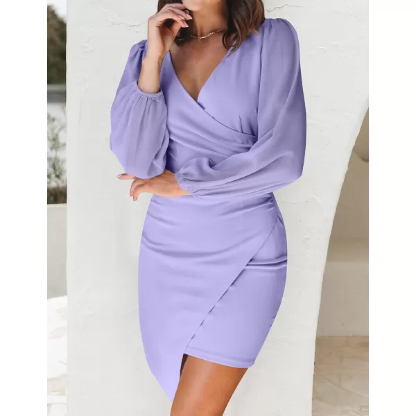 imageZESICA Womens Wrap V Neck Bodycon Mini Dress Puff Long Sleeve Ruched Asymmetrical Hem Cocktail Party Short DressesPurple