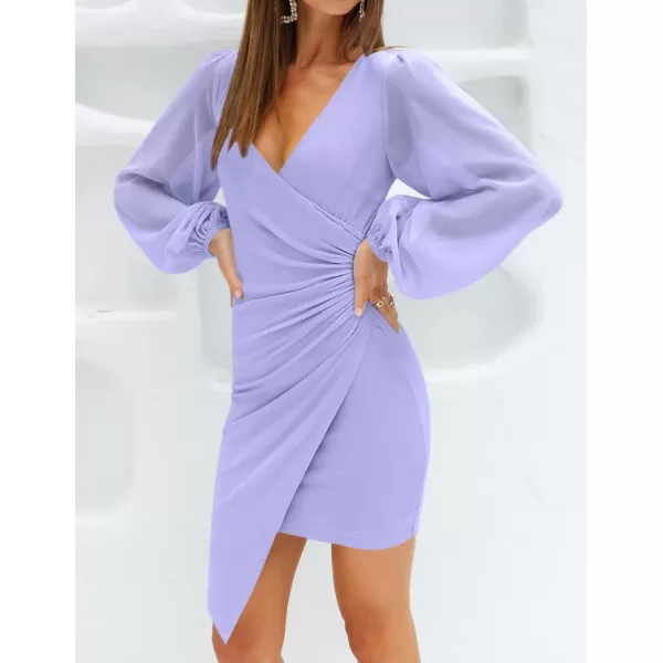 imageZESICA Womens Wrap V Neck Bodycon Mini Dress Puff Long Sleeve Ruched Asymmetrical Hem Cocktail Party Short DressesPurple