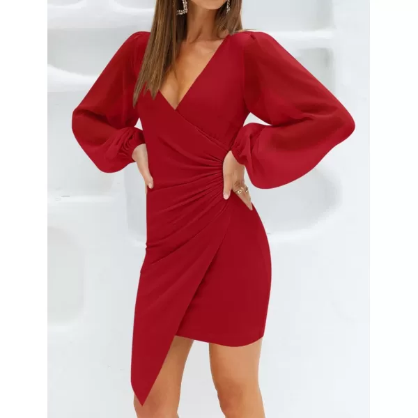 imageZESICA Womens Wrap V Neck Bodycon Mini Dress Puff Long Sleeve Ruched Asymmetrical Hem Cocktail Party Short DressesRed