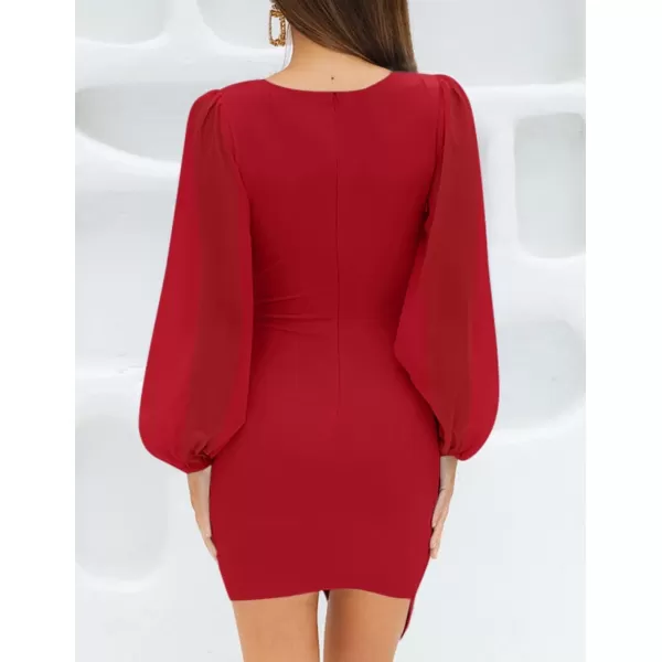 imageZESICA Womens Wrap V Neck Bodycon Mini Dress Puff Long Sleeve Ruched Asymmetrical Hem Cocktail Party Short DressesRed