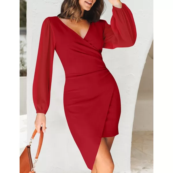 imageZESICA Womens Wrap V Neck Bodycon Mini Dress Puff Long Sleeve Ruched Asymmetrical Hem Cocktail Party Short DressesRed