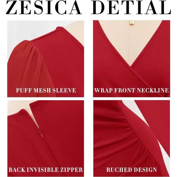 imageZESICA Womens Wrap V Neck Bodycon Mini Dress Puff Long Sleeve Ruched Asymmetrical Hem Cocktail Party Short DressesRed