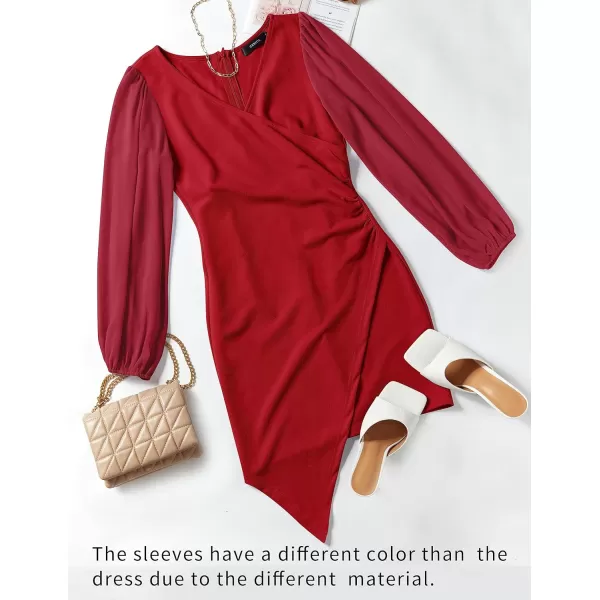 imageZESICA Womens Wrap V Neck Bodycon Mini Dress Puff Long Sleeve Ruched Asymmetrical Hem Cocktail Party Short DressesRed